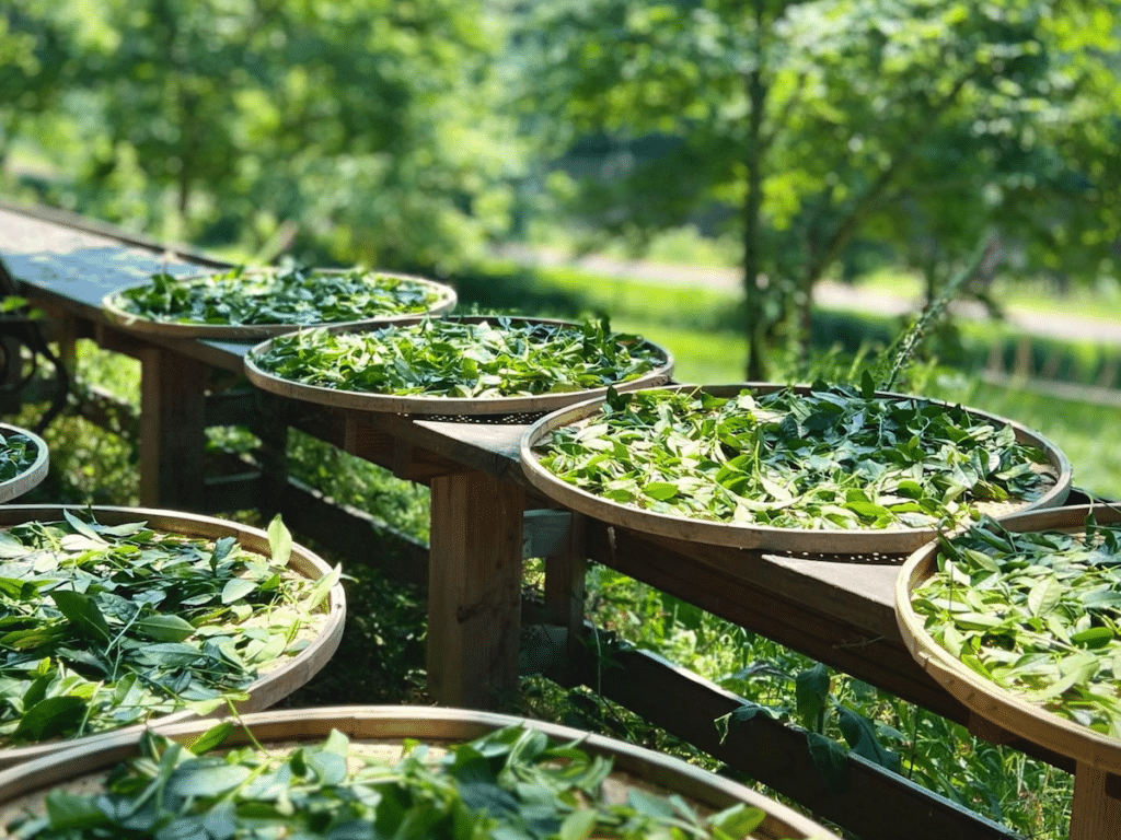 Séchage de feuilles de théiers sur claies dans le jardin